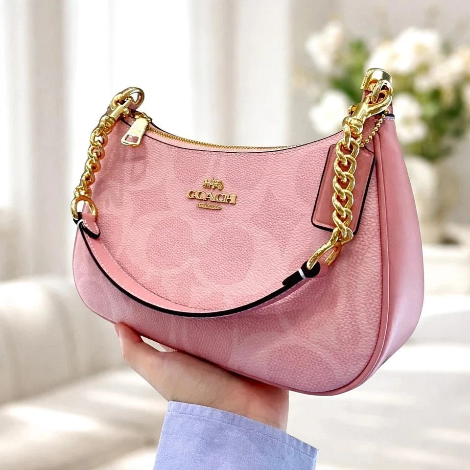 COACH Teri Shoulder Bag Signature Canvas Gold/Powder Pink CAL51 New